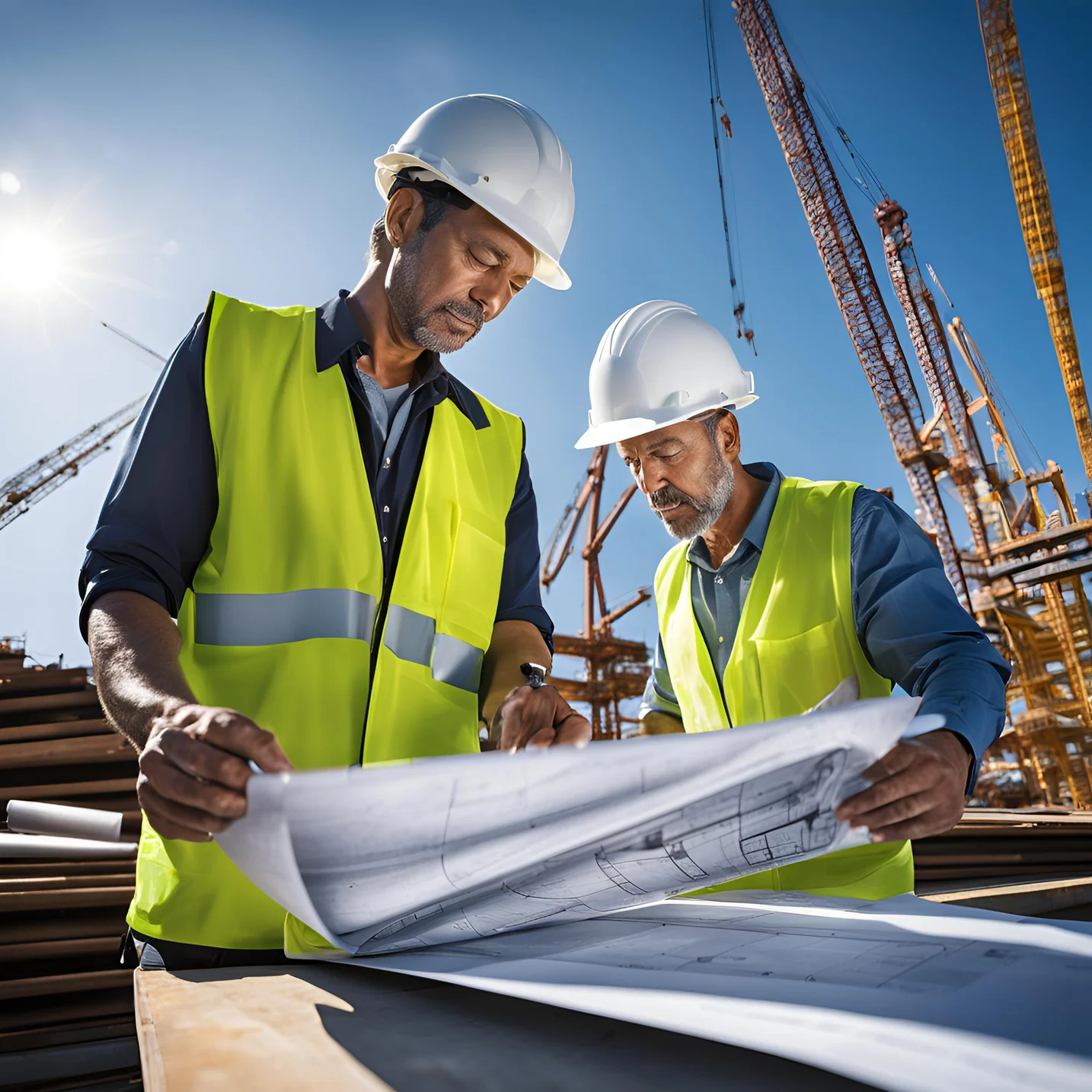 Profesionales revisando planos en obra